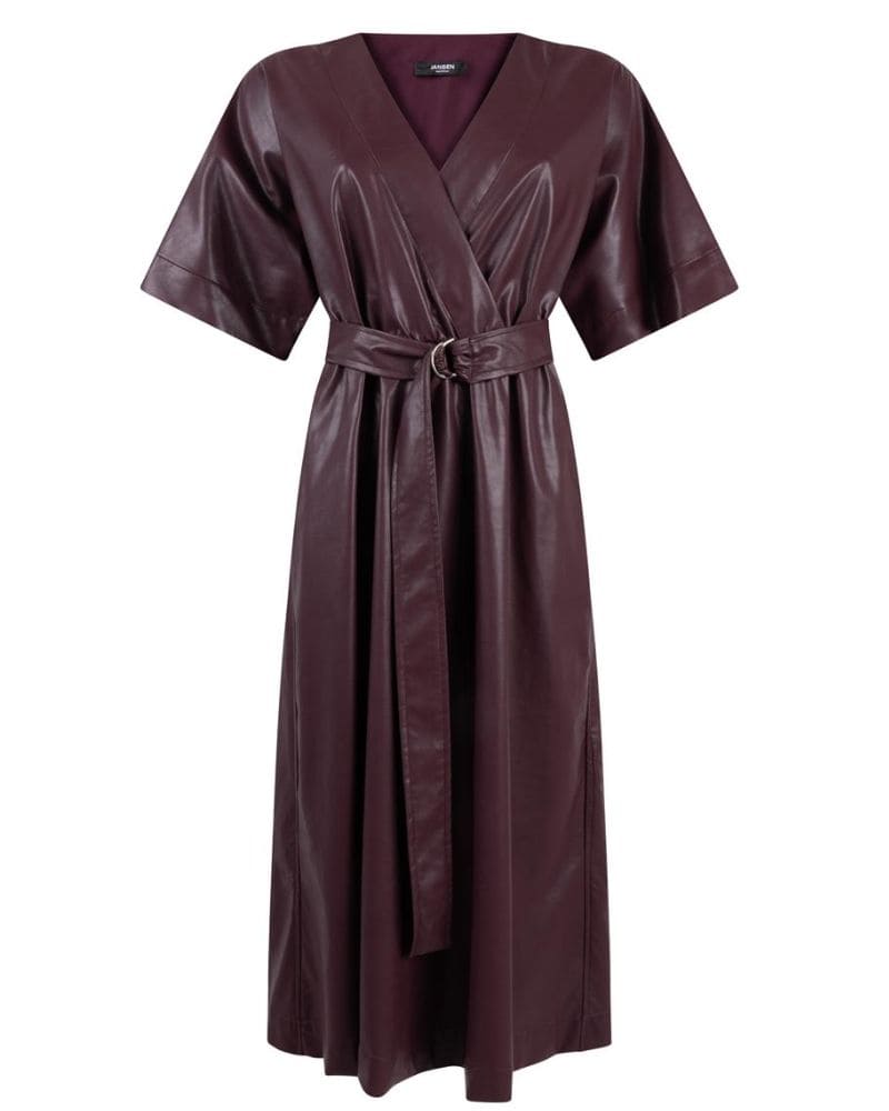 Wine-red leather-look wrap dress with belt and short sleeves