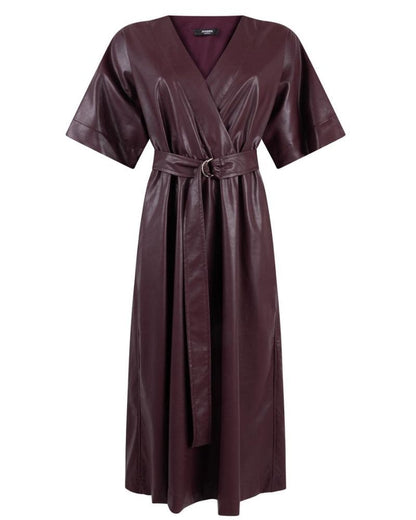 Wine-red leather-look wrap dress with belt and short sleeves
