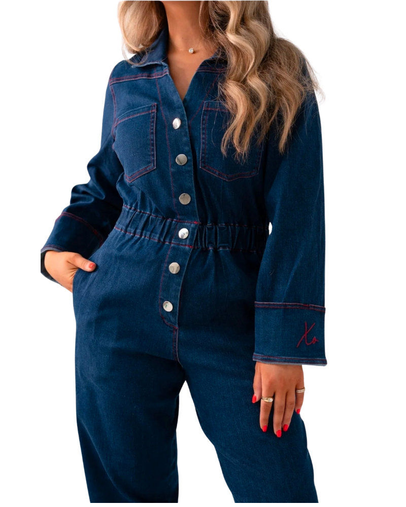 Love Laura Denim Jumpsuit in Dark Wash