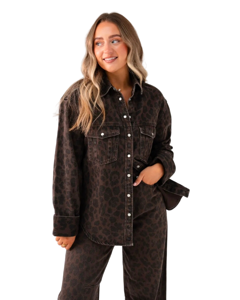 Love Laura Denim Shacket in Dark Leopard Print