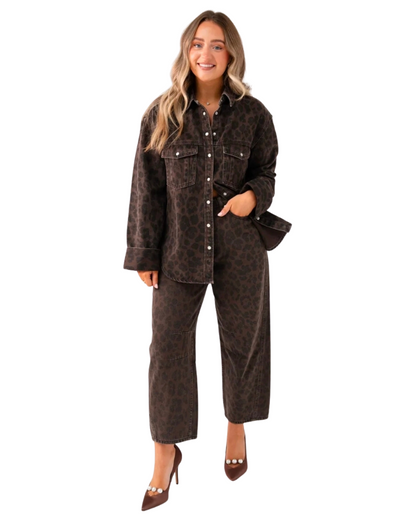 Love Laura Denim Shacket in Dark Leopard Print