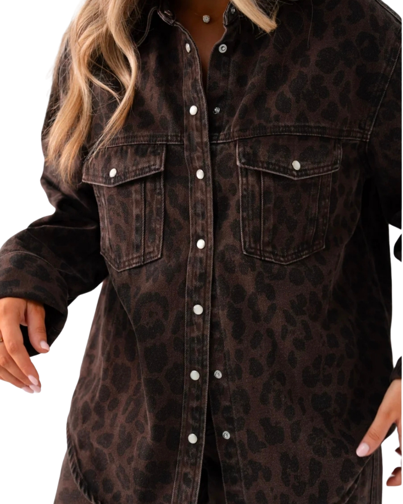 Love Laura Denim Shacket in Dark Leopard Print