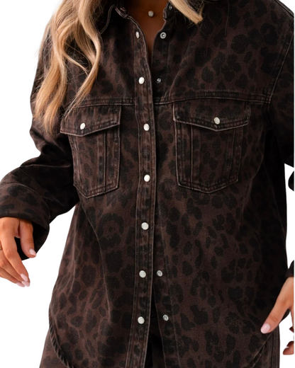 Love Laura Denim Shacket in Dark Leopard Print