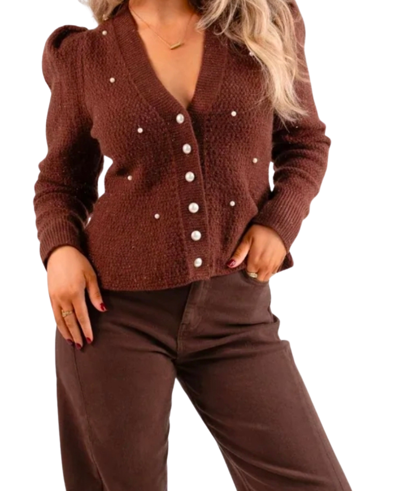 Love Laura Pearl Cardigan in Chocolate