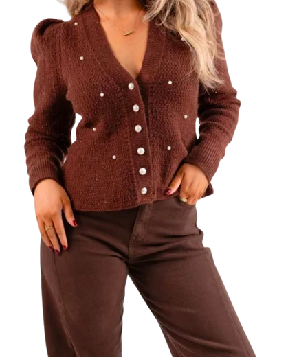 Love Laura Pearl Cardigan in Chocolate