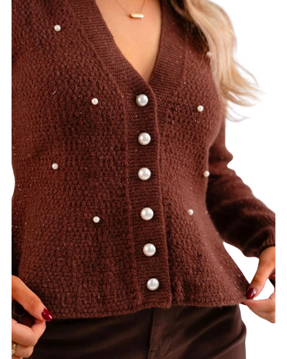 Love Laura Pearl Cardigan in Chocolate