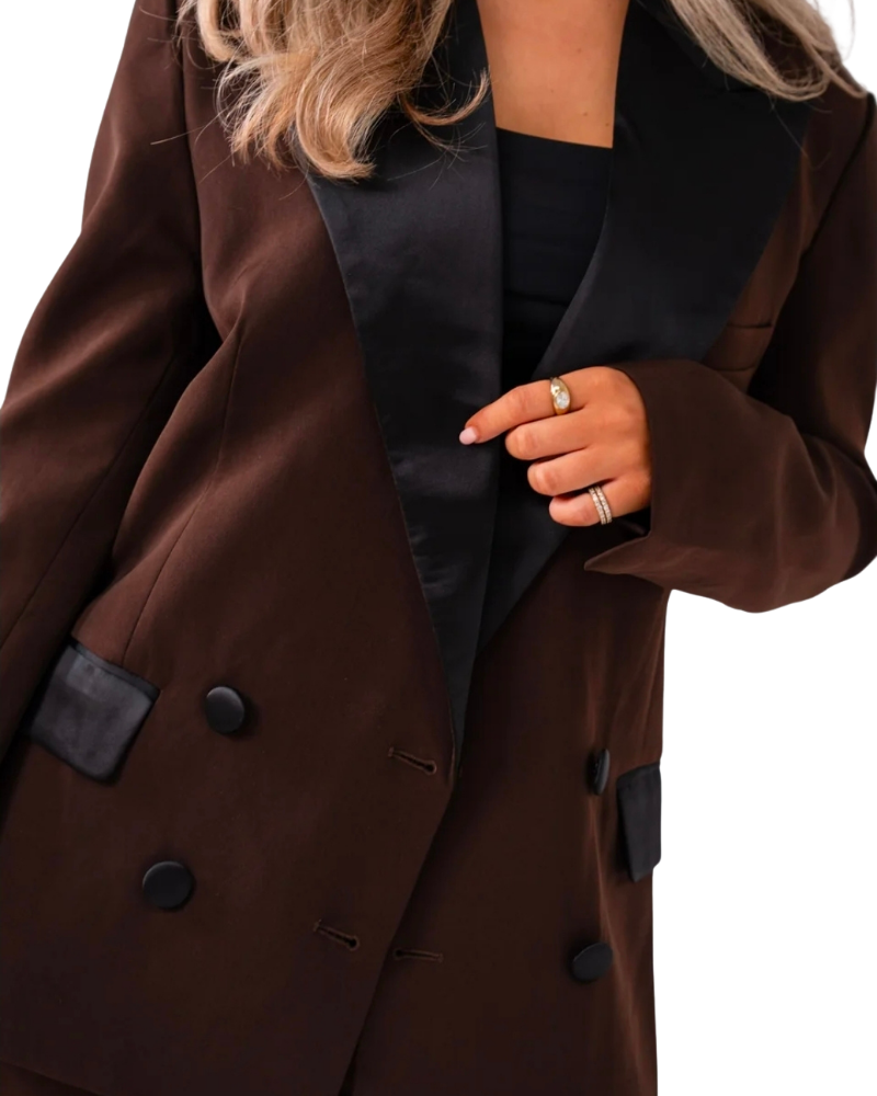 Love Laura Tuxedo Power Blazer in Chocolate