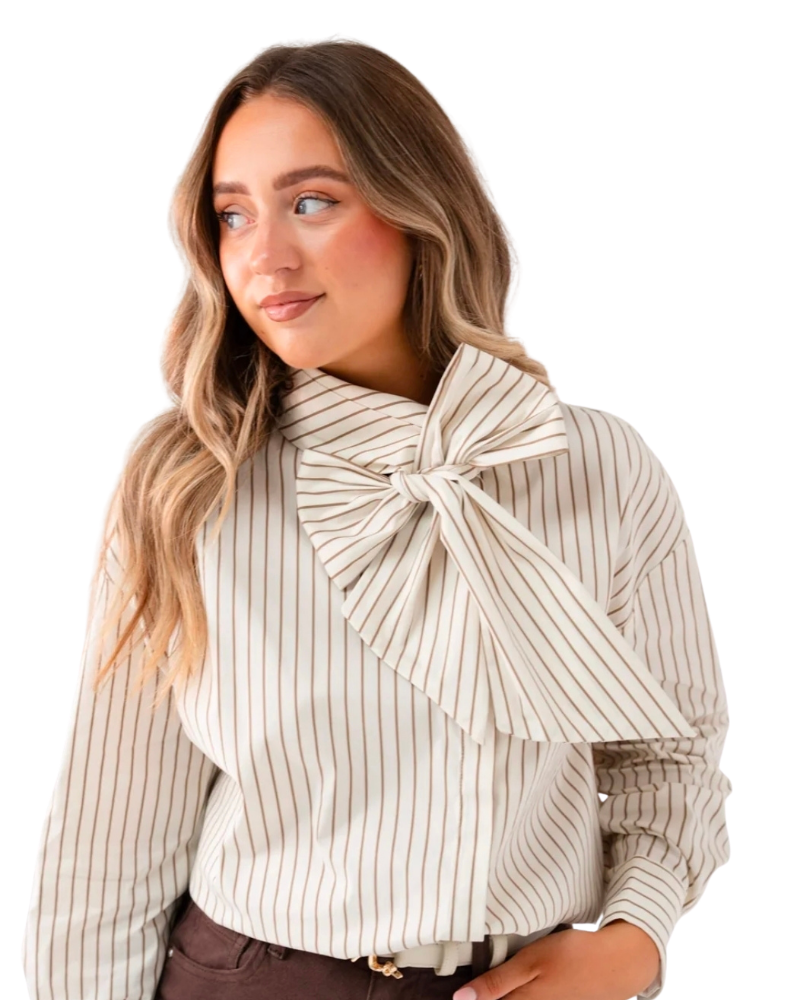 Love Laura Pinstripe Bow Blouse in Nude