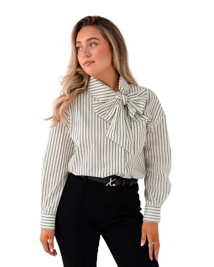 Love Laura Pinstripe Bow Blouse in Black and White