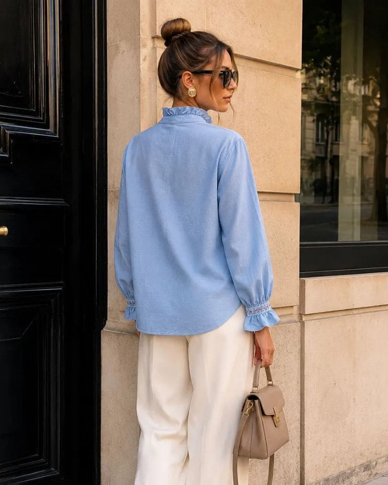 Ellie Embroidered Blouse with Ruffled Collar Blue