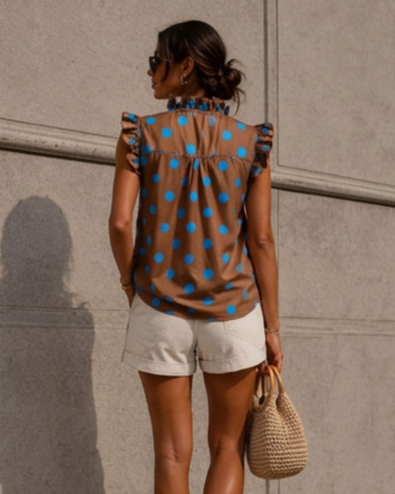 Elaine Polka Dot Ruffle Sleeveless Blouse Brown