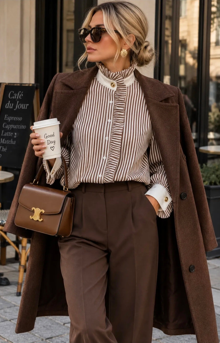 Lizzy Pinstripe Ruffle Blouse - Brown