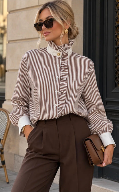 Lizzy Pinstripe Ruffle Blouse - Brown