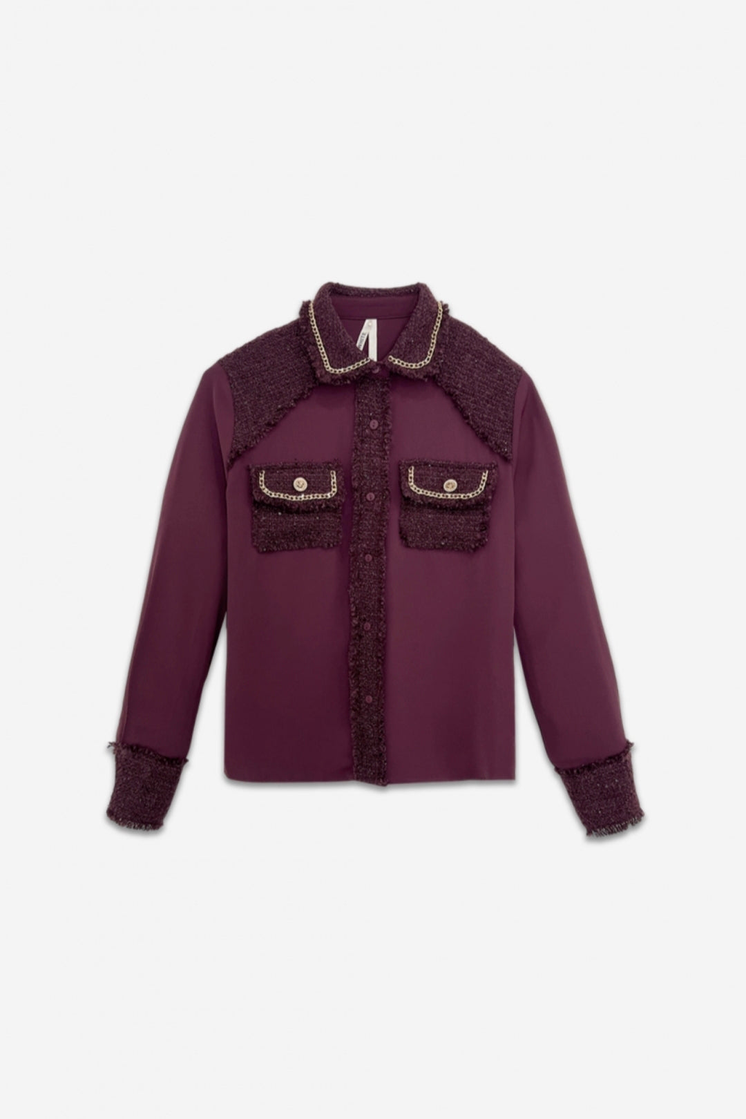 Lia Tweed Accent Blouse - Burgundy