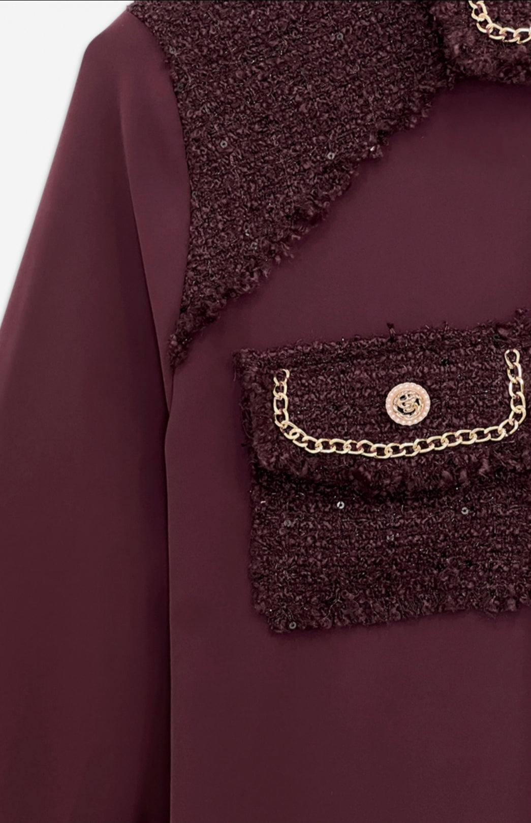 Lia Tweed Accent Blouse - Burgundy