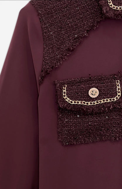 Lia Tweed Accent Blouse - Burgundy