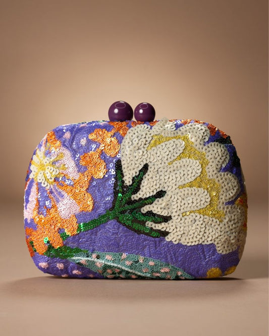 Aurora Sequin Floral Clutch in Purple