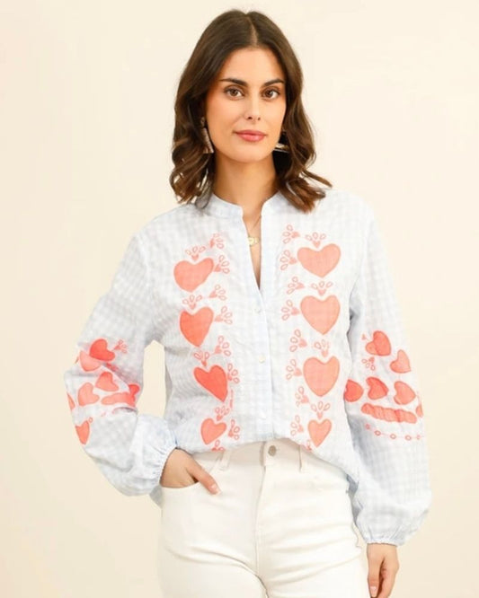 Isabelle Blue Gingham Heart Blouse