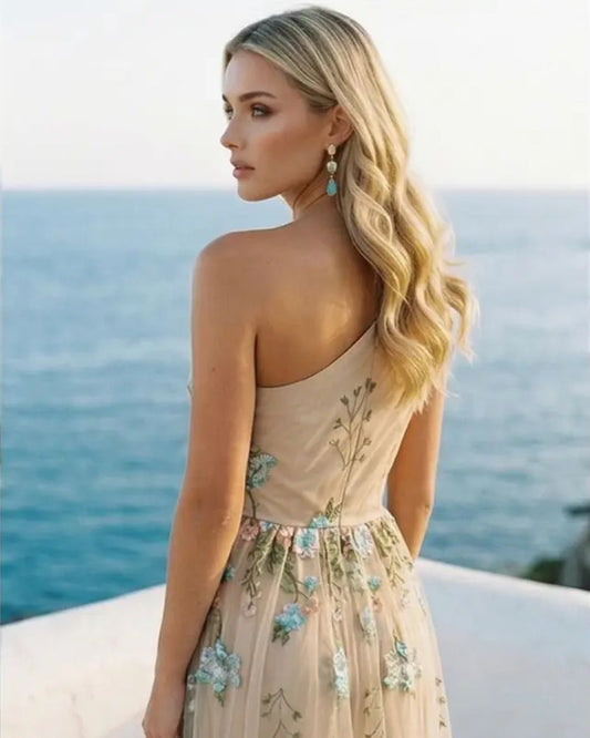 Kai Asymmetric Dress with Floral Embroidery in Turquoise