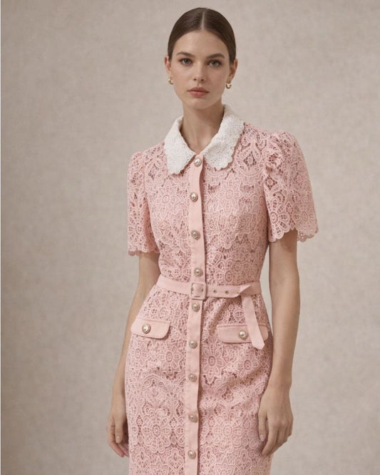 Rose Buttoned Dress in Sheer Lace