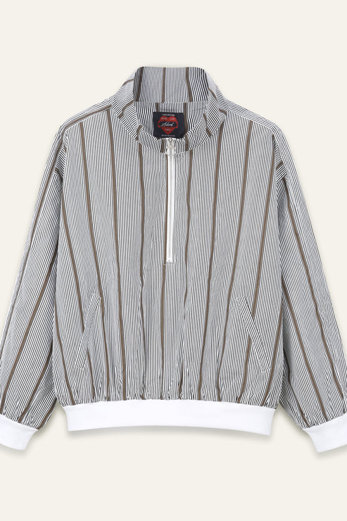Celina Zip Up Jacket in Grey with Ecru & Chocolate Stripe