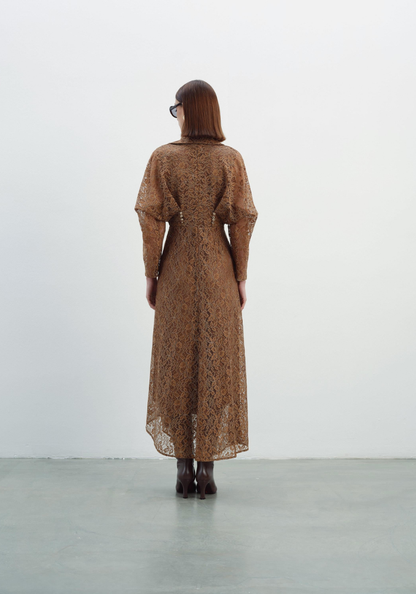 Kameya Kanta Dress with Lace Patterned Waist Detail - Brown