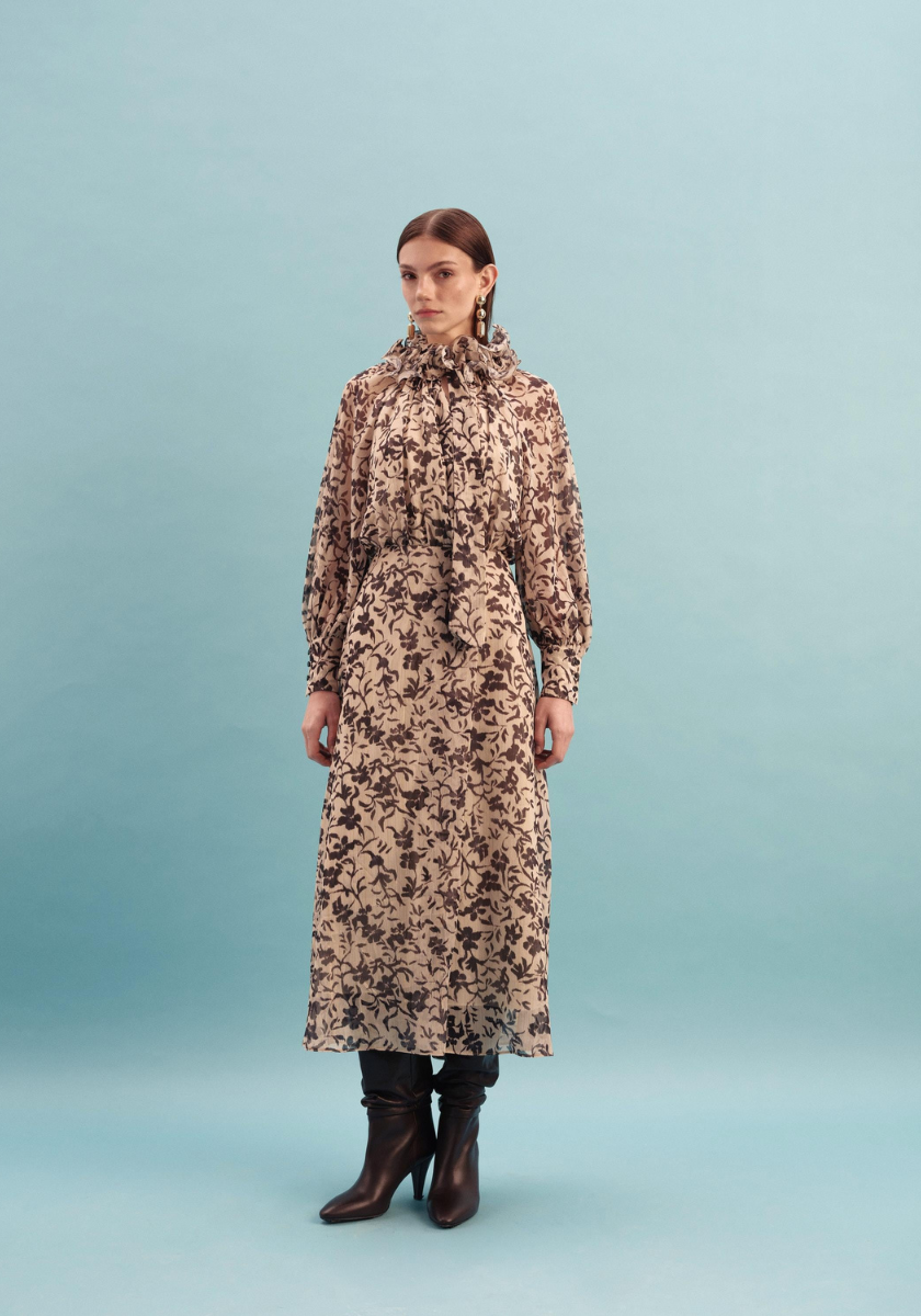 Kameya Kavya Dress with Ruffle Collar - Beige