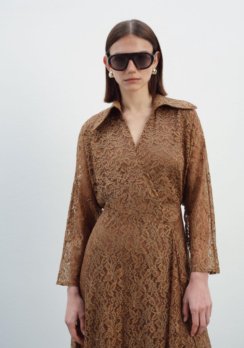 Kameya Kanta Dress with Lace Patterned Waist Detail - Brown