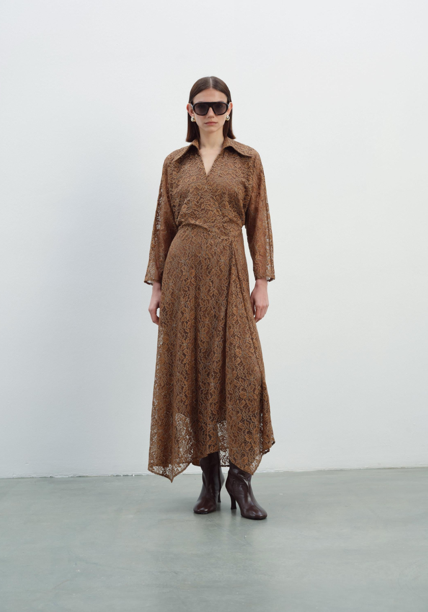Kameya Kanta Dress with Lace Patterned Waist Detail - Brown