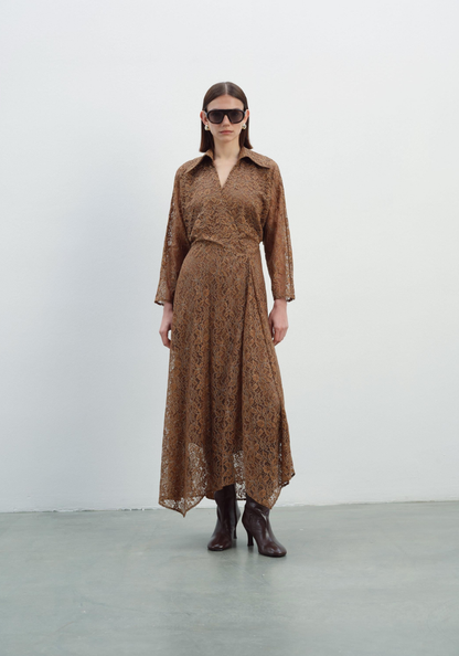 Kameya Kanta Dress with Lace Patterned Waist Detail - Brown