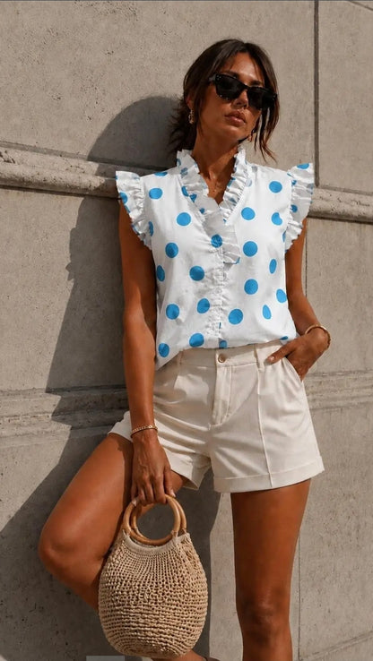 Elaine Polka Dot Ruffle Sleeveless Blouse