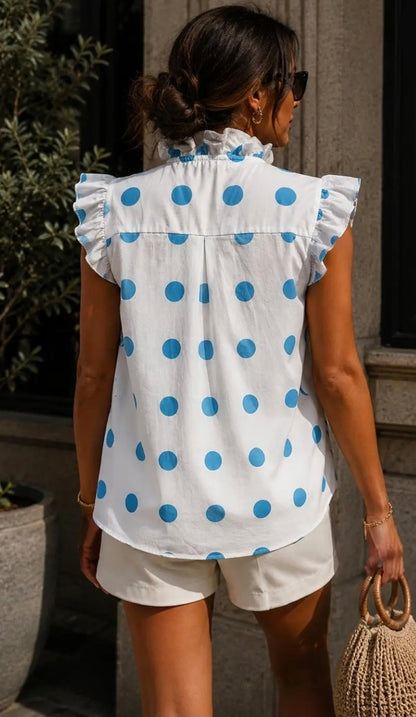 Elaine Polka Dot Ruffle Sleeveless Blouse