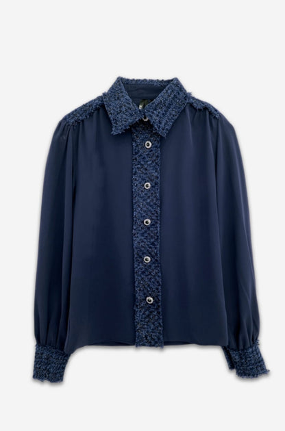 Laura Tweed Effect Blouse - Navy