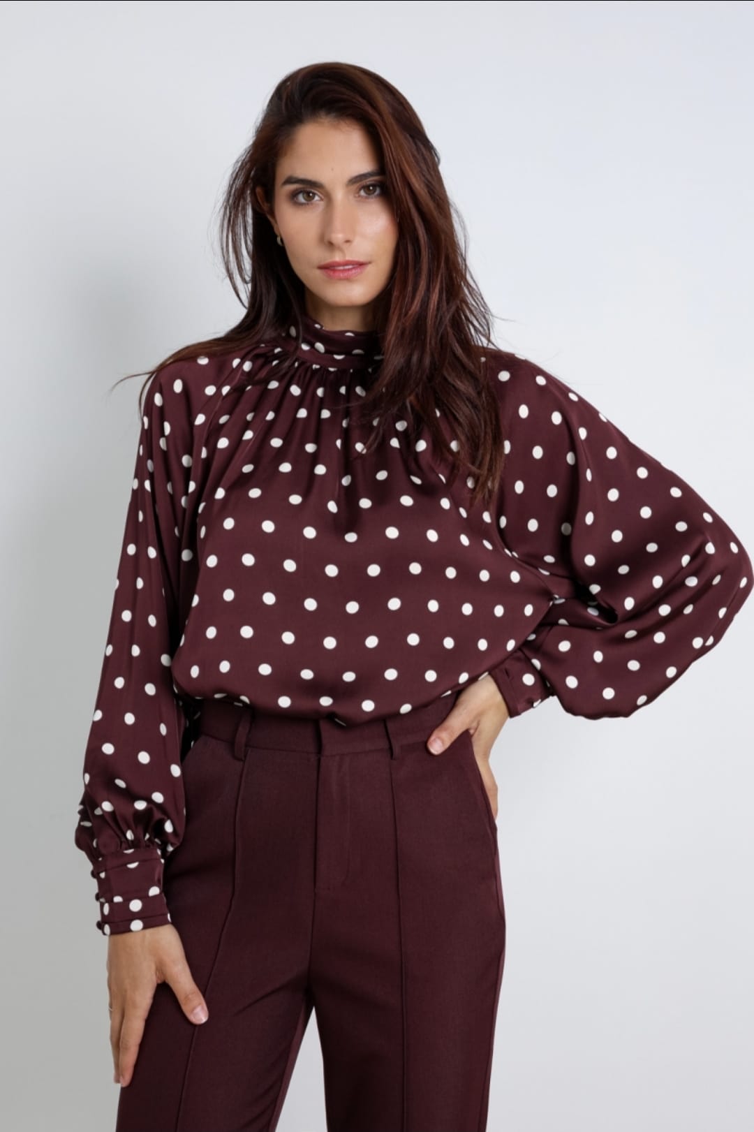 Lorraine Mock Neck Polka Dot Blouse - Burgundy