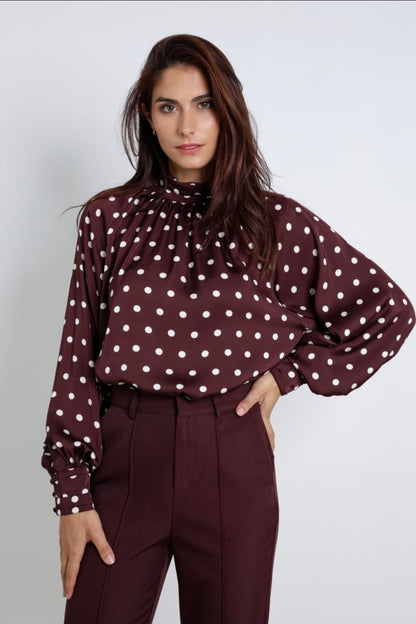 Lorraine Mock Neck Polka Dot Blouse - Burgundy