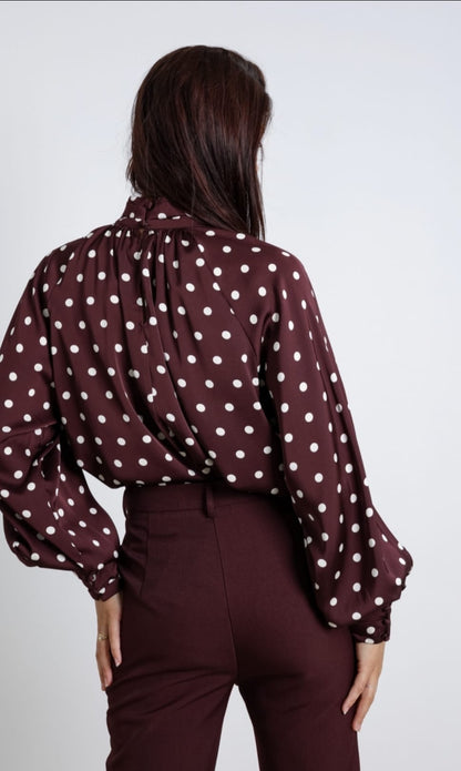 Lorraine Mock Neck Polka Dot Blouse - Burgundy
