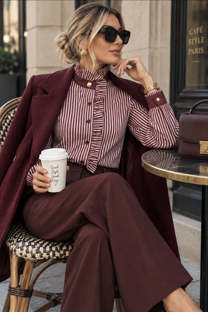 Lizzy Pinstripe Ruffle Blouse - Burgundy