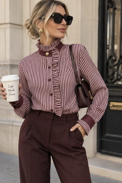 Lizzy Pinstripe Ruffle Blouse - Burgundy