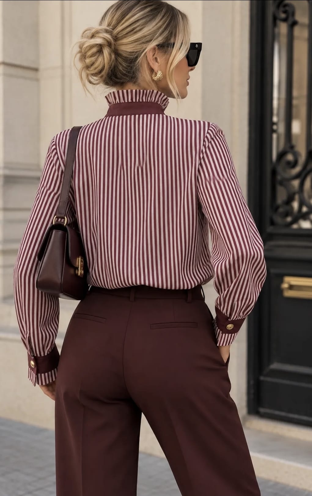 Lizzy Pinstripe Ruffle Blouse - Burgundy