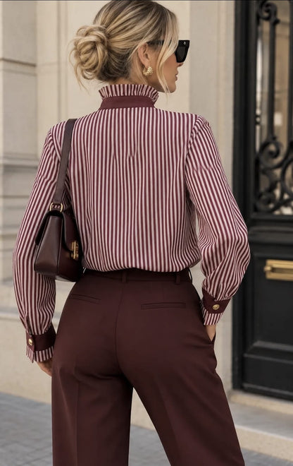 Lizzy Pinstripe Ruffle Blouse - Burgundy