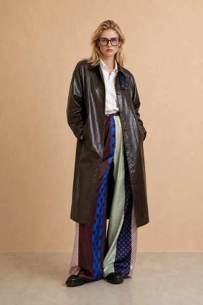 Angie Long Faux Leather Trench Coat - Chocolate