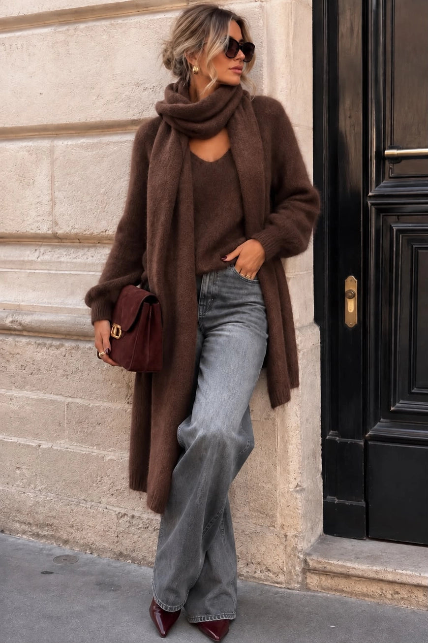 Erica V-Neck Knit Sweater with Matching Scarf - Brown