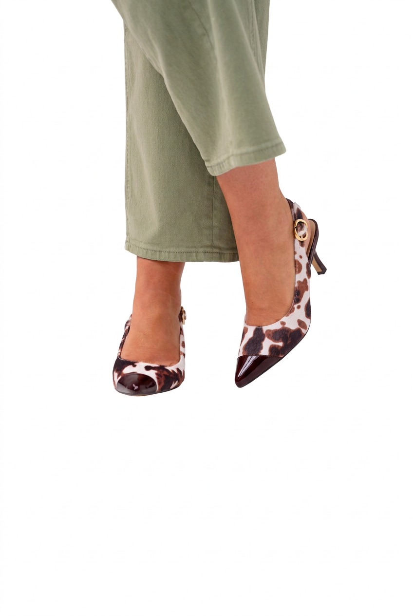 Love Laura Burgundy Toe Kitten Heel in Cow Print