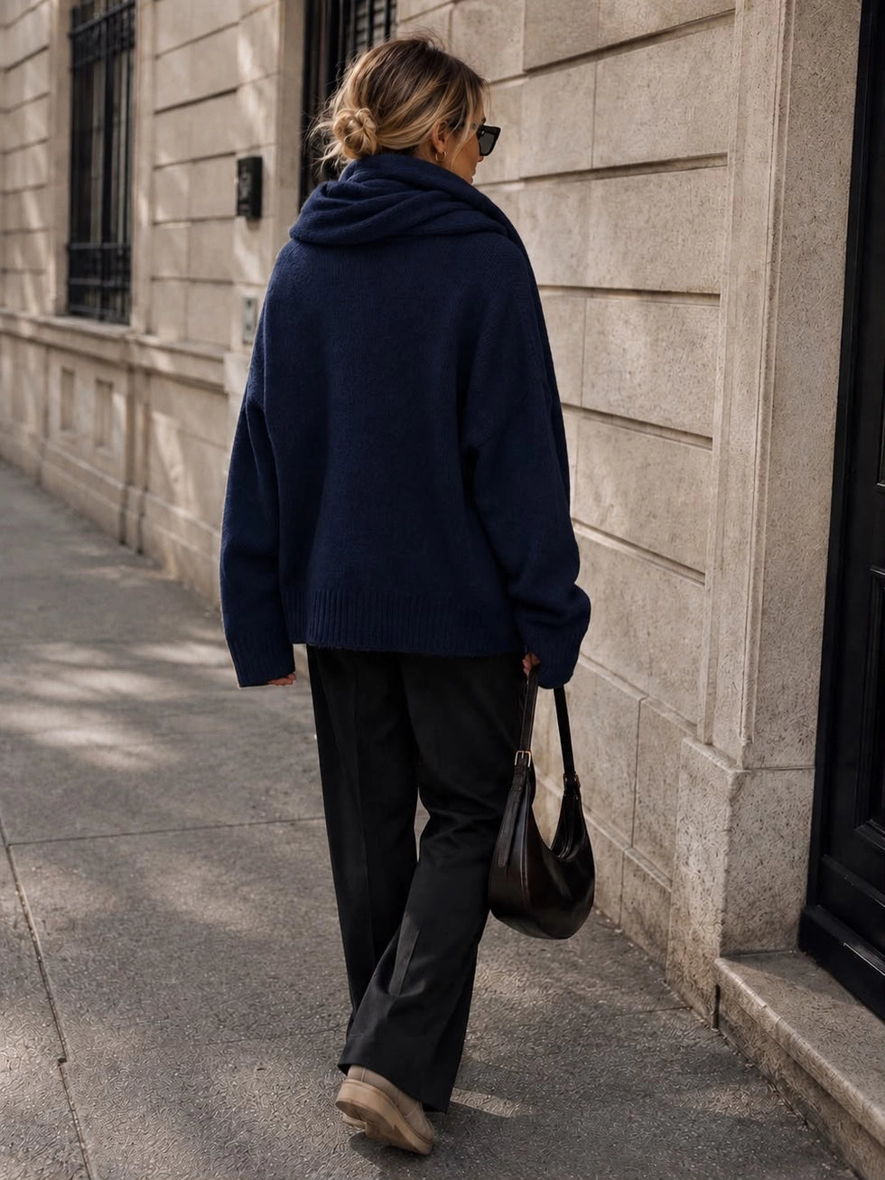 Erica V-Neck Knit Sweater with Matching Scarf - Navy