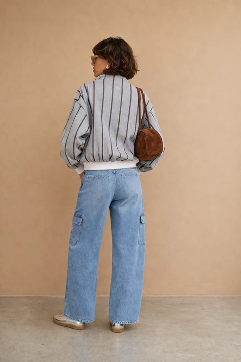 Celina Zip Up Jacket in Grey with Ecru & Chocolate Stripe