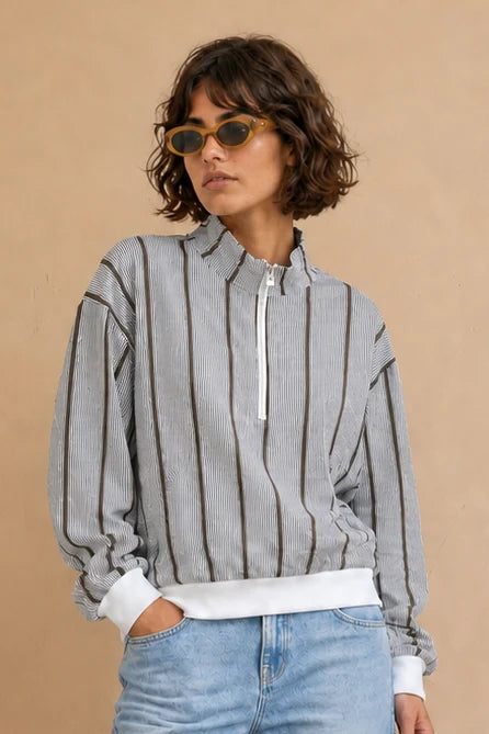 Celina Zip Up Jacket in Grey with Ecru & Chocolate Stripe