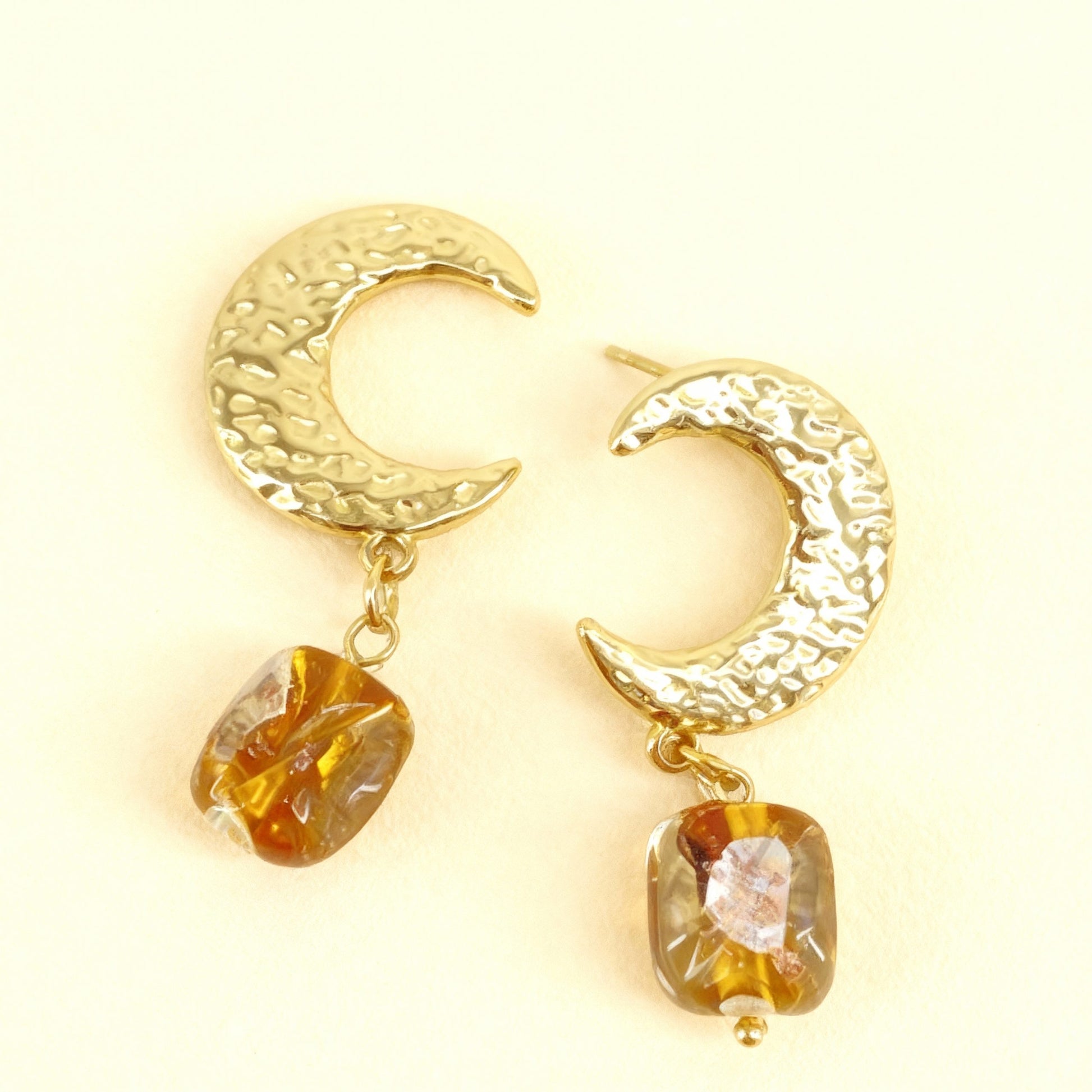 Crescent Moon and Gemstone Drop Earrings