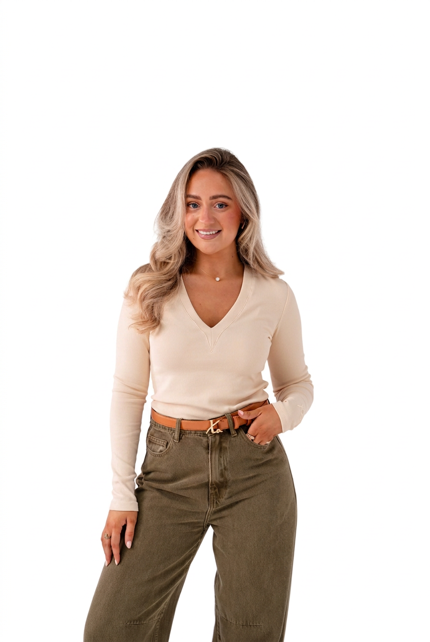 Love Laura V Neck Ribbed Base Top in Cream