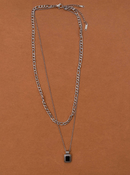 Double layer black square pendant necklace